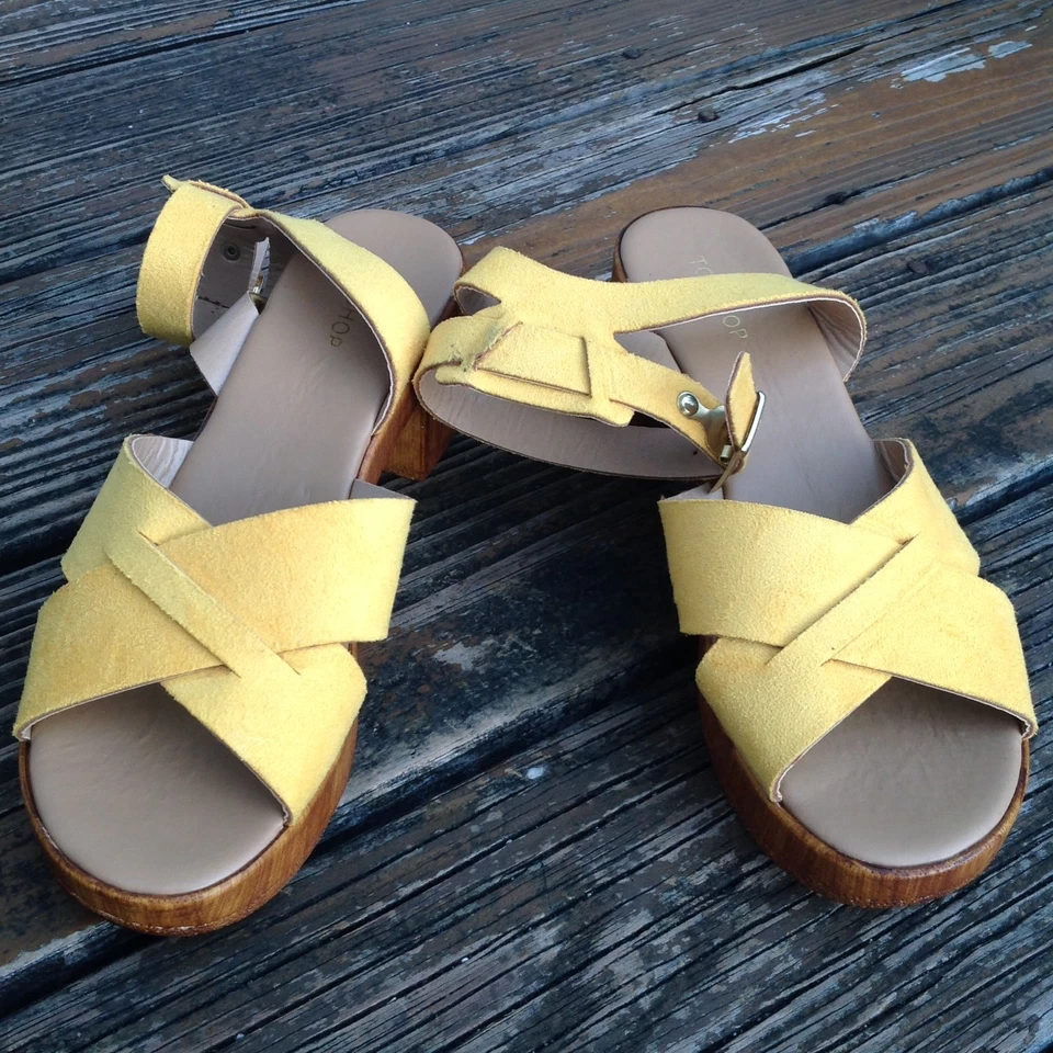 Topshop Top Shop Sandalias Dolly Amarillas 9.5 EU 40 UK 7 Gamuza Cuña Plataforma Zapatos Foto 2 de 4
