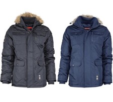 Men Crosshatch Shower Resistant Parka Fleece Fur Hood Winter Jacket Warm Coat