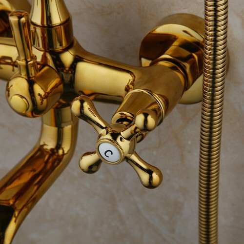 Gold Brass Wall Mounted Clawfoot Bath Tub Faucet with Hand Shower Spray - Picture 9 of 9