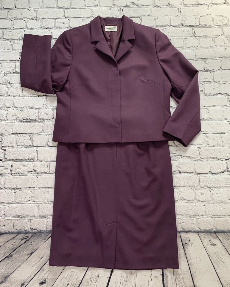 Pendleton 100% Virgin Wool Women’s 2 Piece Suit Sz Petite Skirt Purple/Maroon - Image 2 of 4