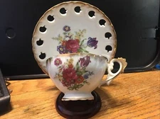Vintage Footed Tea cup and Saucer Floral Design Gold Trim Reticulated Saucer 75C