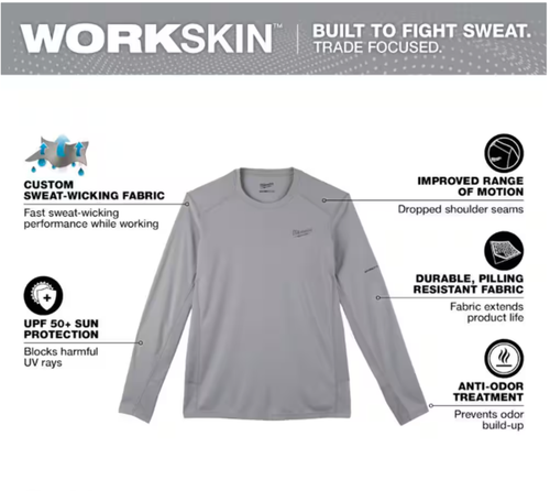 Camiseta de manga larga Milwaukee Work Skin 2XL gris peso ligero rendimiento - Imagen 2 de 8