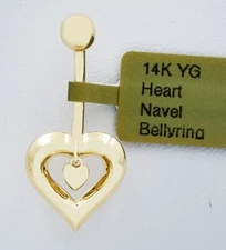 HEART NAVEL BELLY RING 14K YELLOW GOLD ** Free Shipping ** Made in USA