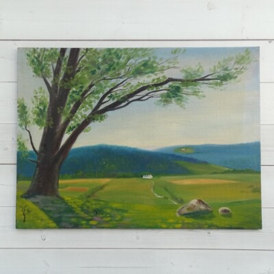 #ad Rural Summer Landscape Oil Painting Impressionism Tree Mountains Farmhouse 9x12 $65.00