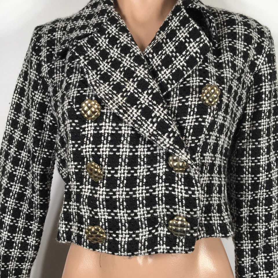 Blazer corto vintage años 90 y2k RAMPAGE tweed negro blanco dorado botones recorte despistado Foto 3 de 4