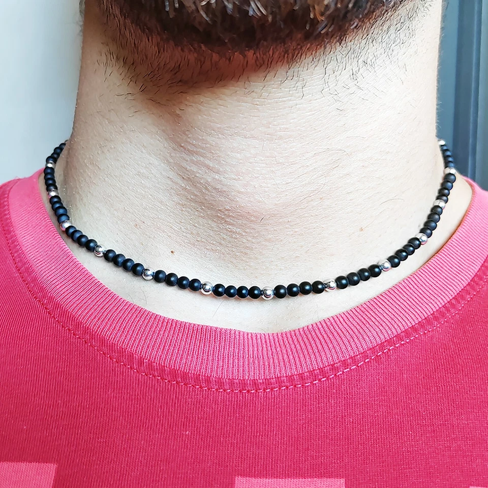 Collana da uomo in argento 925 girocollo sfere resina nera - Immagine 4 di 4