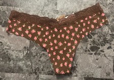 NWT VICTORIA'S SECRET PINK L BROWN FLORAL LACE RAW EDGE NO SHOW THONG PANTIES