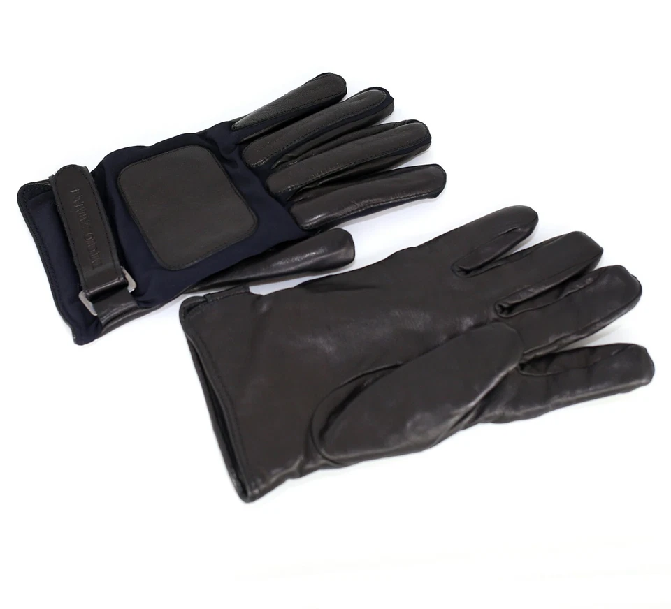 Nuevos Guantes Emporio Armani Azul Marino Lona-Negro Cuero Talla Pequeño Foto 4 de 4