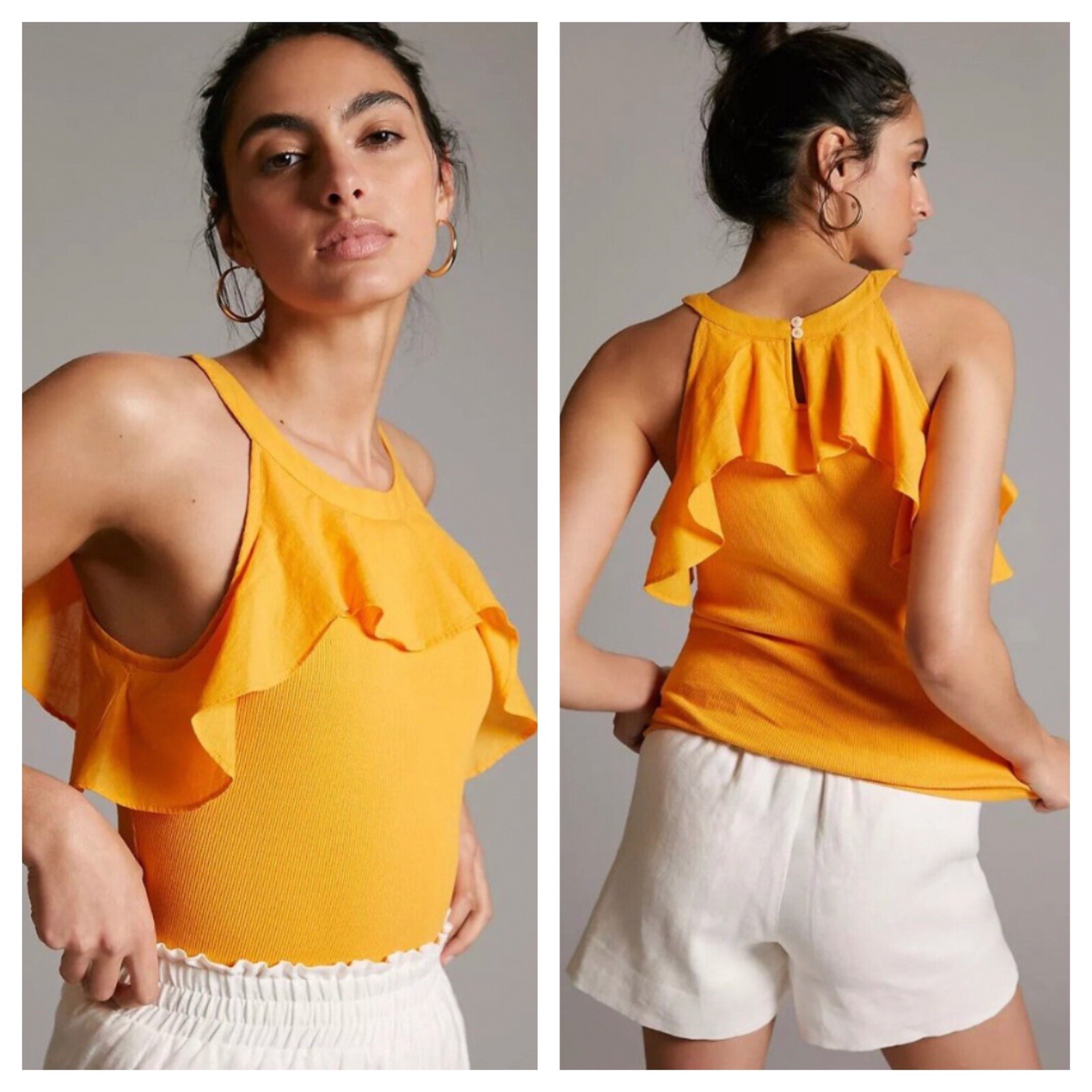 Maeve Anthropologie Ruffled Rib Halter Tank Top Solid Mustard Sz M