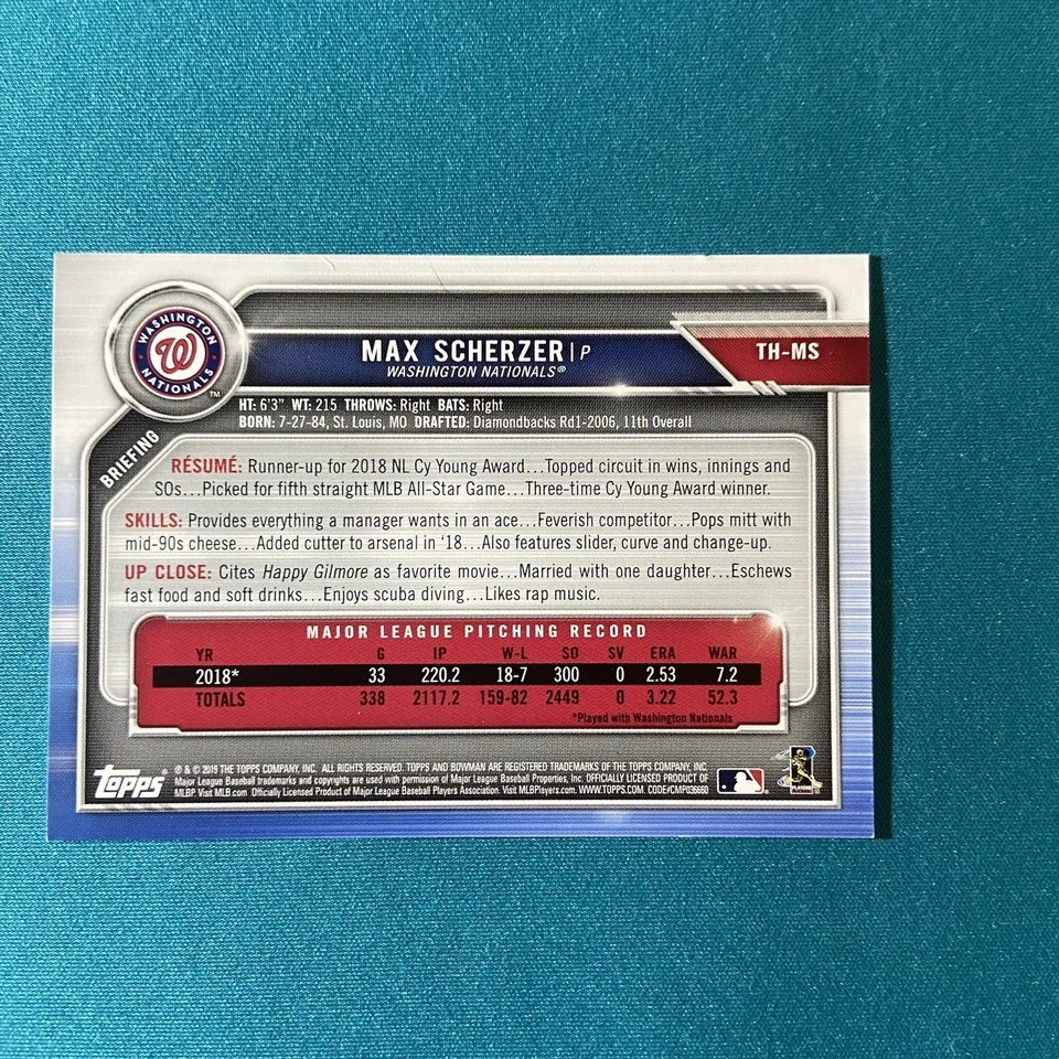 2019 Topps Holiday Bowman Blue /150 Max Scherzer #TH-MS - Image 2 of 4