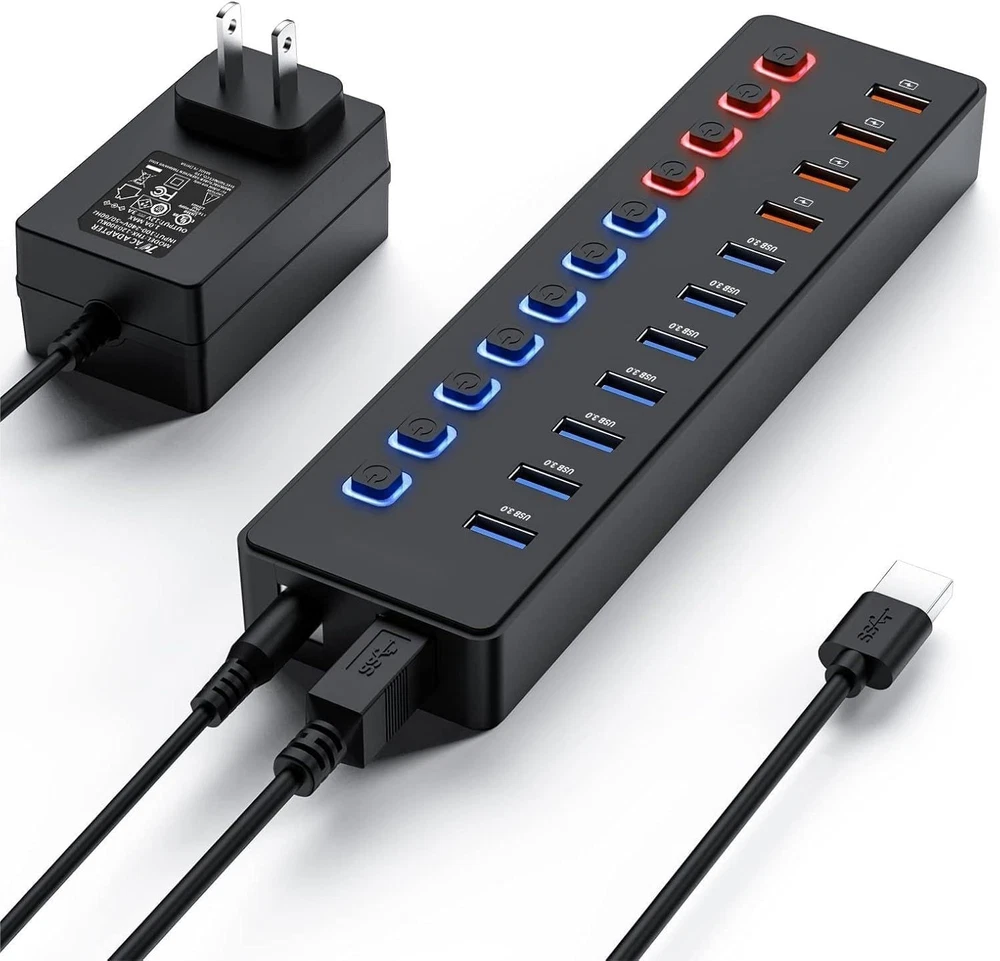 Powered USB 3.0 Hub 11-Port USB Hub Splitter 7 Faster Data Transfer Ports+ 4 ...