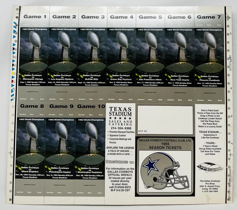 Dallas Cowboys Football 1993 Vintage Sports Ticket Stubs for sale