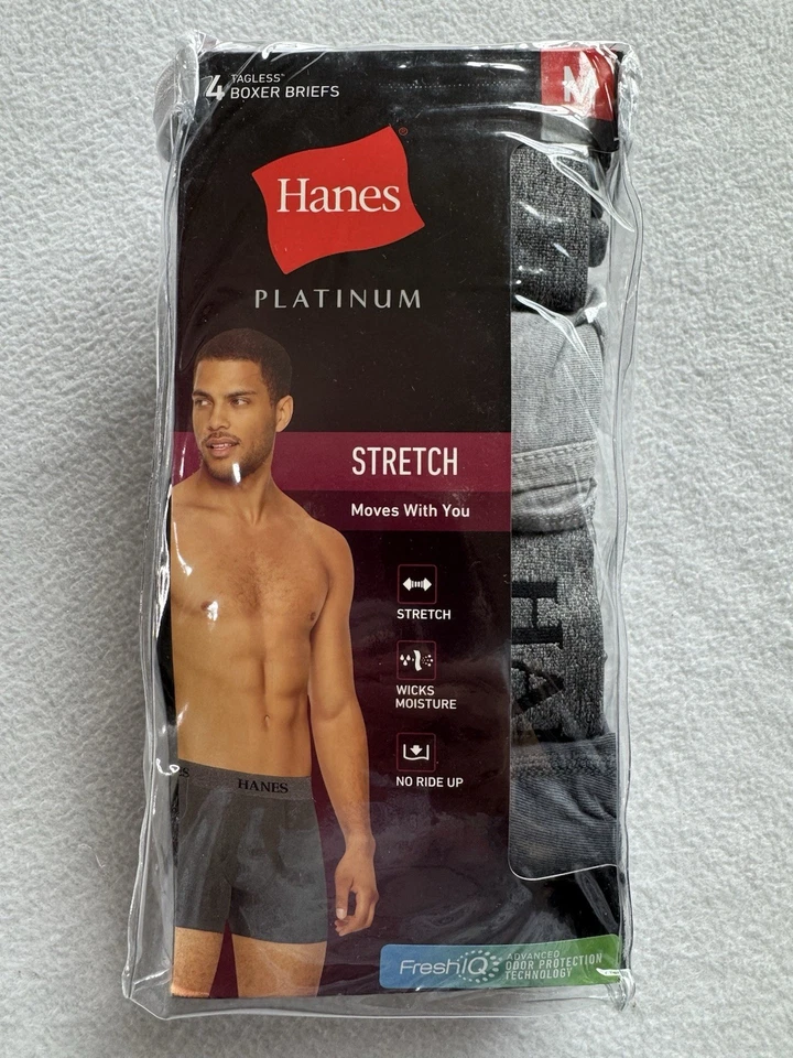 Paquete de 4 calzoncillos boxer Hanes Platinum elásticos con etiquetas sin etiquetas MEDIANOS 32-34” negros grises NUEVO Foto 2 de 4