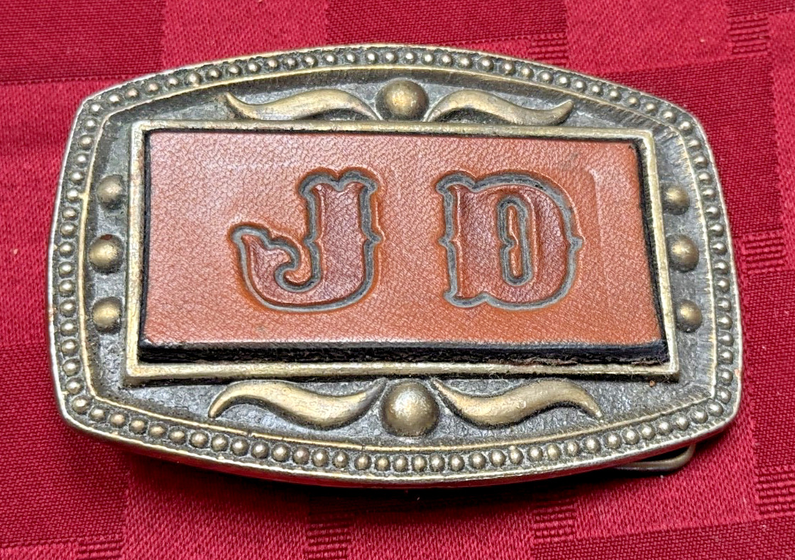 Vintage CII New York JD Initial Monogram Western Leather Belt Buckle Brown Inlay