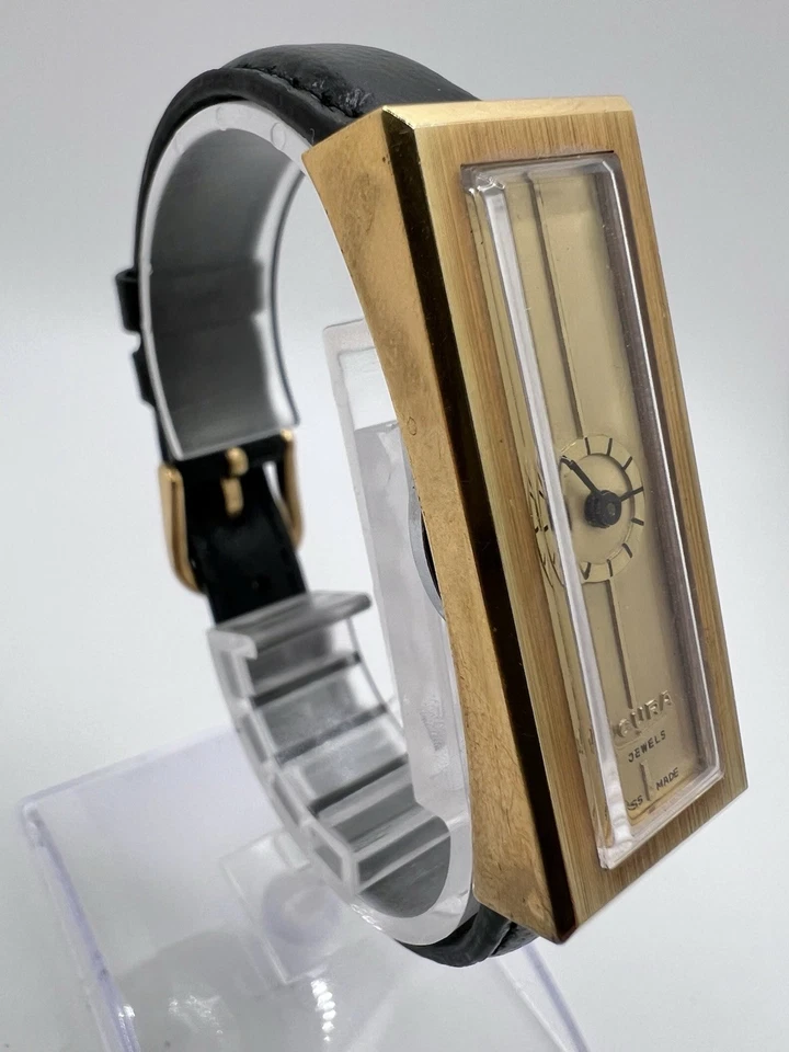 Vintage Men’s Gold Tone Sicura Tank Mechanical Watch Rare Unique Abstract - Image 3 of 4