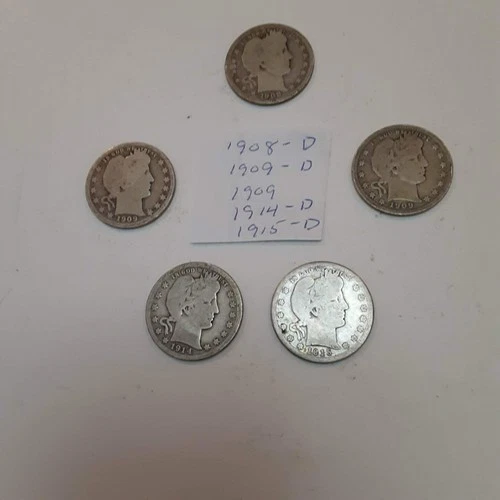 Lot of 5 Barber Quarters 1909 (1908,1909,1914,1915 all D), Circulated 90% Silver