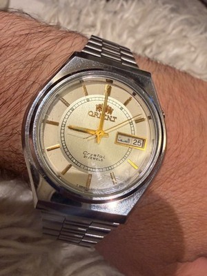 Rare Vintage ORIENT Crystal 21 Jewels Arabic Day Date Men's Watch Japan Made