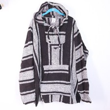 Vtg Artilana Mexican Baja Hoodie XXL Black Gray Strip Chunky Knit Pockets