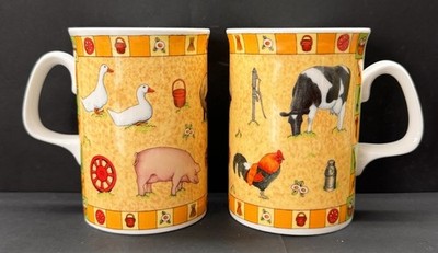 Paar Vintage Herzogin Fine Bone China Tassen - skurrile Farm Schweine & Enten - UK