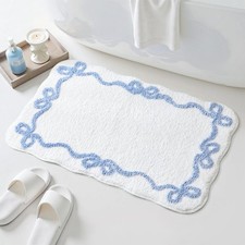 Blue Scalloped Bath Mat Cute Bow Bathroom Rugs Small Non Slip Absorbent Decor
