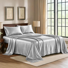 Satin Sheets Queen 4-Piece, Grey Hotel Luxury Silky Bed Sheets - Extra Soft 18