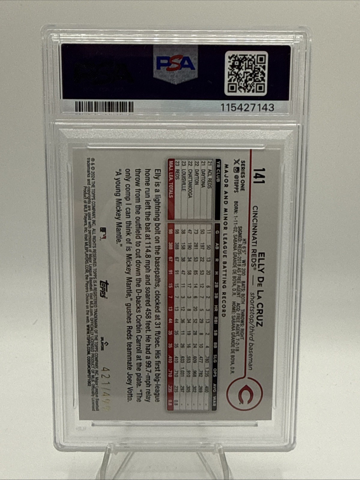 2024 Topps Green Crackle Foil Board 141 Elly De La Cruz Rookie RC /499 PSA 9 view 2