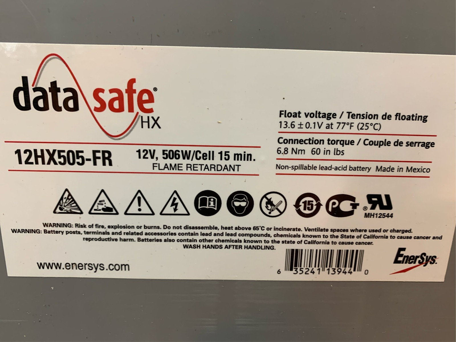 Data Safe 12V 506W/Cell Lead-Acid Battery 12HX505-FR 2023 (SKU: 110544)