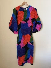 Mara Hoffman Freya Dress Popcorn Midi Colorblock Blue Multicolor Small