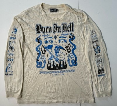 Cigarettes Bruno Levy Artwork Burn In Hell Long Sleeve T Shirt Beige Blue Sz L