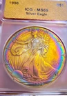 1996 1oz American Silver Eagle .999/ ICG MS69/ GORGEOUS RAINBOW.