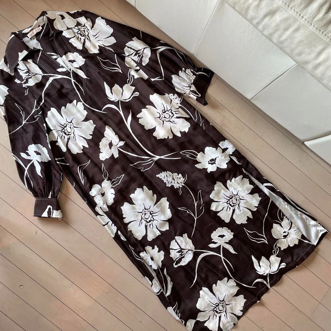 Abito lungo TORY BURCH maniche lunghe marrone motivo floreale 100% seta taglia: S P