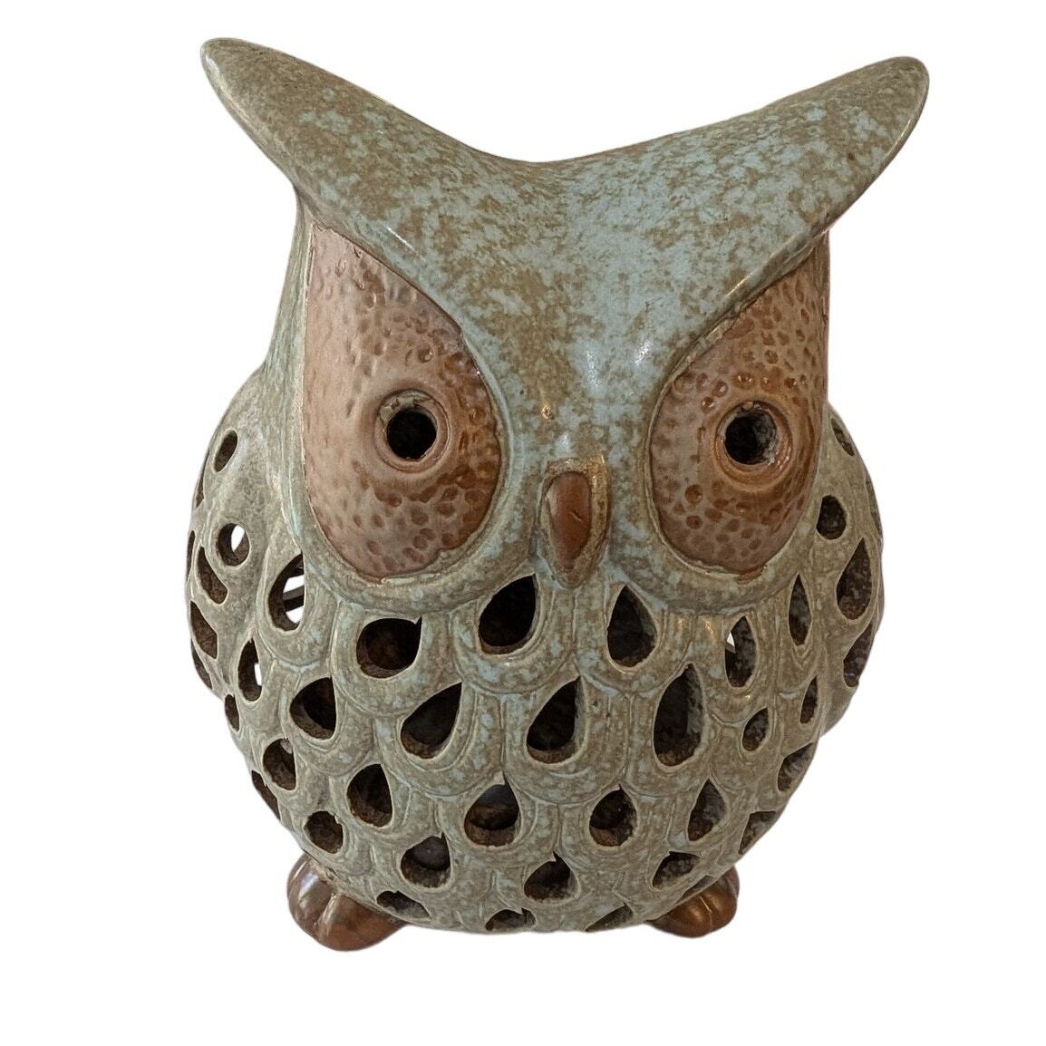 Owl Figurine Greenish & Brown Ceramic Decor 6 1/2