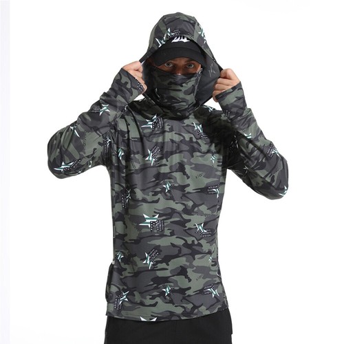UPF50+ Mens Outdoor Fishing Hoodie Sun Block Skin Protection Long Sleeve T-Shirt - Picture 5 of 13