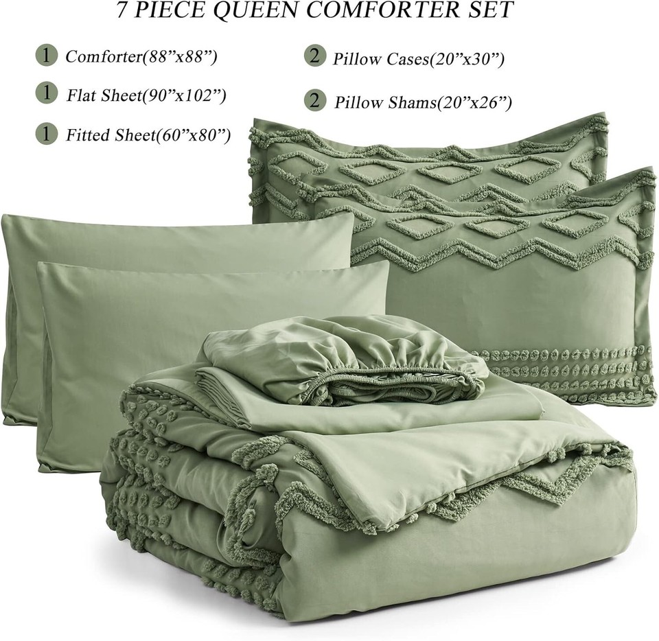 Sage Green Tufted Comforter Set Queen Size 7 Piece Bed in a Bag, Shabby