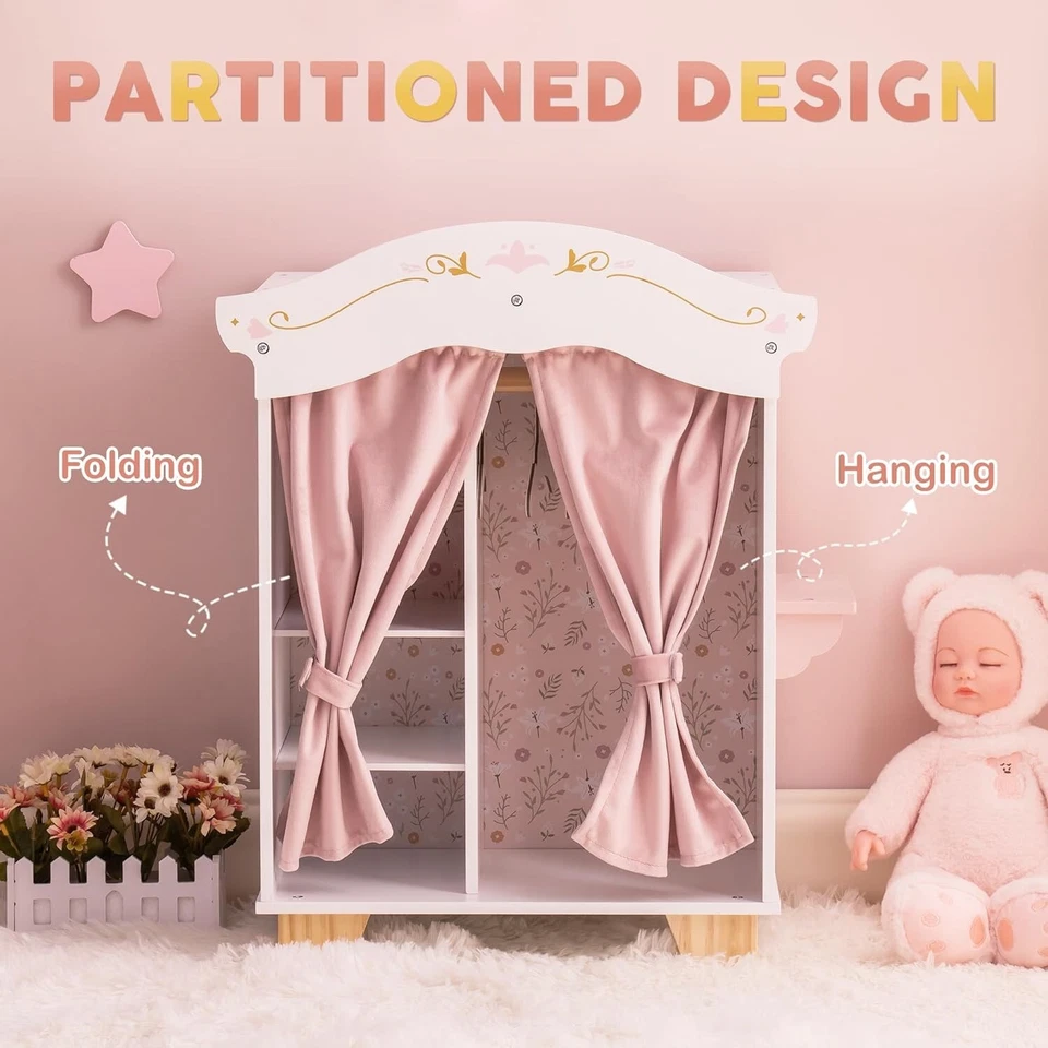 Armario de madera Robud con perchas para muñecas rosa de 18 pulgadas Foto 2 de 4