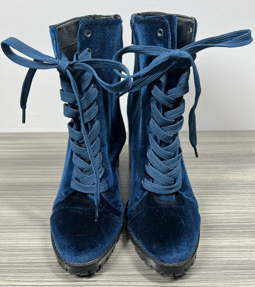 Vintage Y2K Lace Up Heel 4" Boots Size 7 Witch Goth Combat Steve Madden Velvet - Image 2 of 4