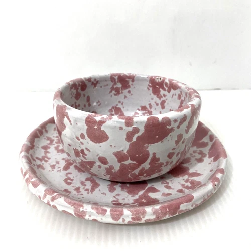 Vtg Bybee Pottery Pink Spongeware Cup Bowl Saucer Dish Kentucky BB Speckled