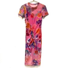 Asos Pink Floral Mesh Bodycon Illusion Midi Dress Size 6 Ruffle Lined Stretch