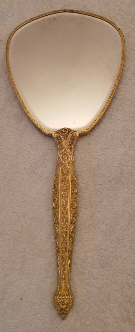 MATSON Vintage Hand Held Vanity Mirror Raised Floral Applique Gold