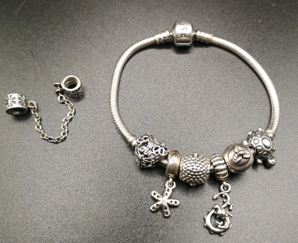 Pandora Charm Bracelet & 7 Charms Sterling Silver 7.5" - Image 2 of 4
