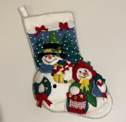 Finished & Completed Bucilla Christmas18" Felt Stocking "Mr. & Mrs. F.T. Snowman