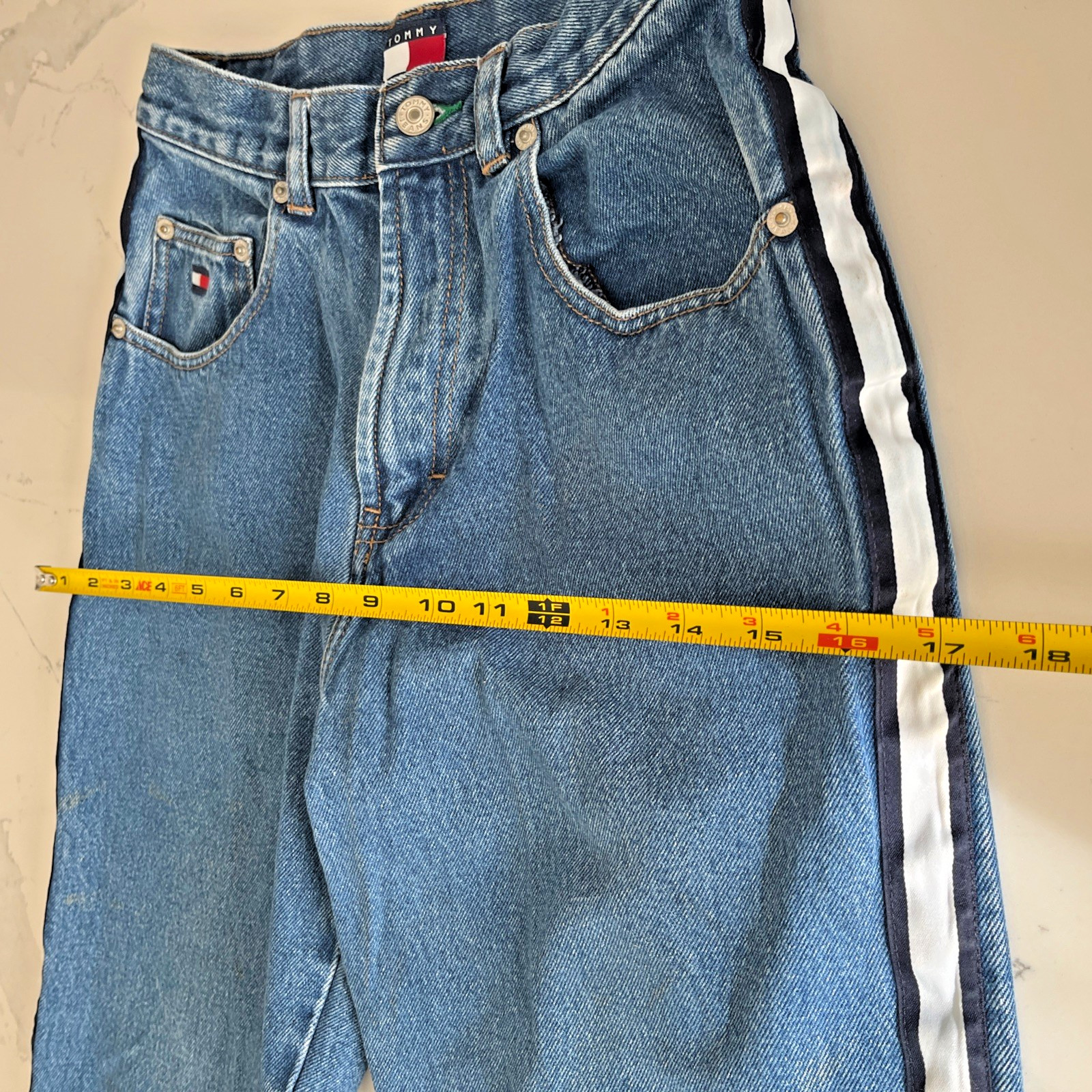 VTG Tommy Hilfiger Jeans 14 Tall 26x28 Blue Denim Side Stripe 90s Y2K image 7