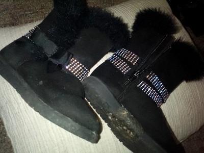 Falls Creek Girls Black Snow Boots Rhinestone Bow Fur Trim Lined Zip Mid-Calf