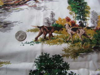THE HUNT Vintage HUNTING DOGS In FOREST On WHITE 1970's COTTON Fabric 1 yd