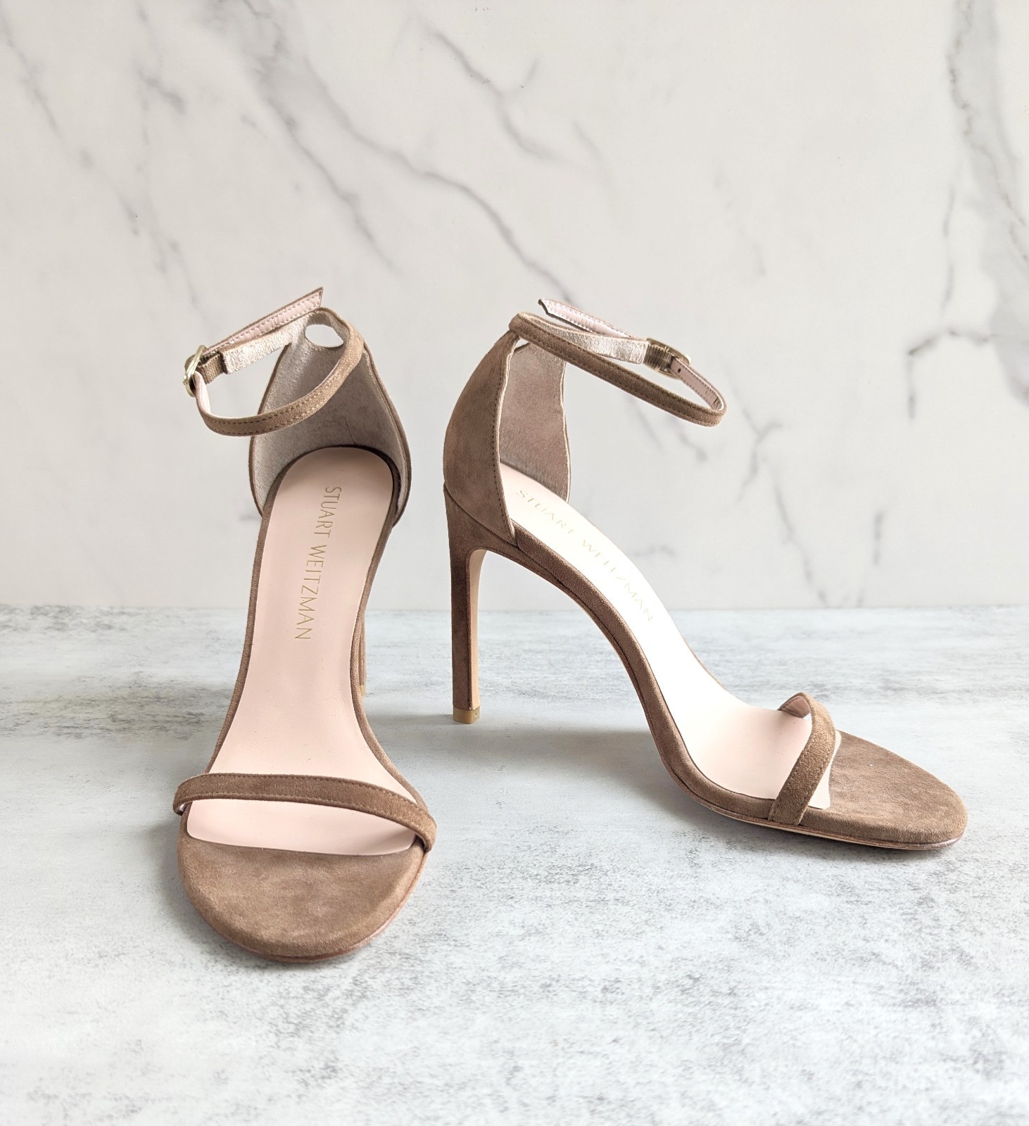 Stuart Weitzman Nudistsong Suede Shoes Size 6.5 Ankle Strap Open Toe Heel