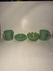 Lot of 4 Vintage Fire King Oven Ware Jadeite D Handle Mugs Lotus Ribbed Dessert