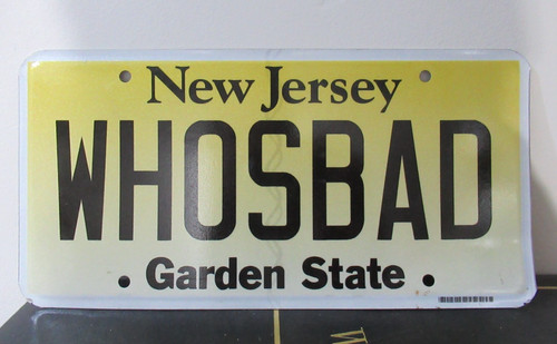 Vintage Car License Plate NEW JERSEY "WHOSBAD" WHO IS BAD?