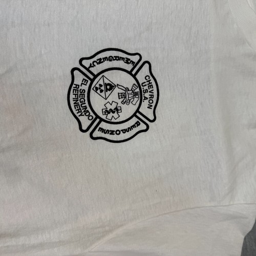 Hanes Beefy 80s Hemd Herren XL weiß Feuerwehr Chevron Raffinerie Grafik USA - Bild 5 von 8