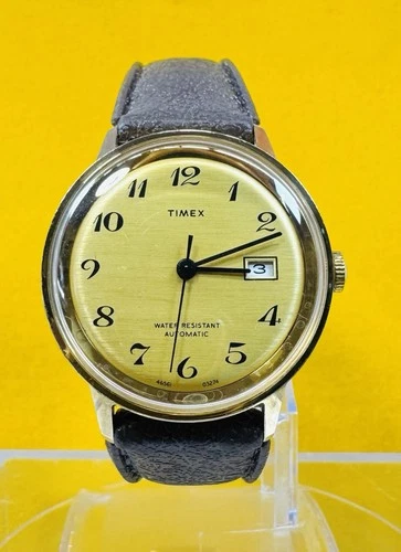 Vintage Timex Viscount Automatic Date 34mm Watch Brushed Gold Tone Dial