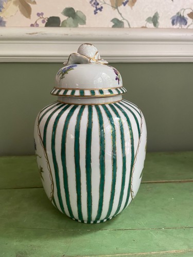 Elios Italy Lidded Ginger Jar Hand Painted Floral Desing White Green Stripes - Picture 2 of 9